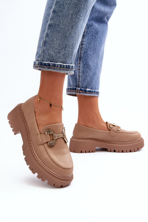 Mokasyny Damskie Z Ozdobą Ciemnobeżowe Gargi