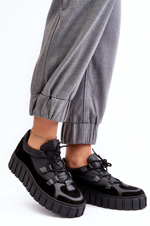 Damskie Skórzane Buty Sportowe Na Platformie M01/1 Zazoo Czarne