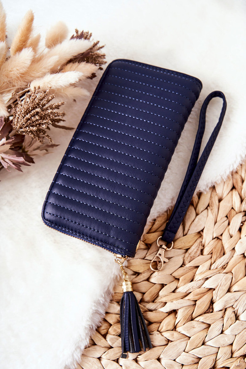 Duży Portfel Pikowany Z Paseczkiem Granatowy