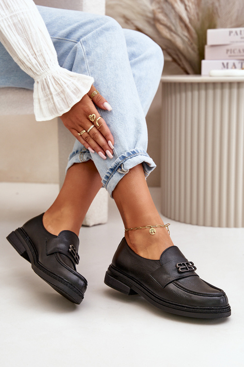 Zazoo 20174 Skórzane Eleganckie Półbuty Damskie Na Płaskim Obcasie Czarne