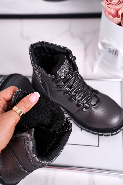 Dziecięce młodzieżowe botki z kożuszkiem szare Snowflake