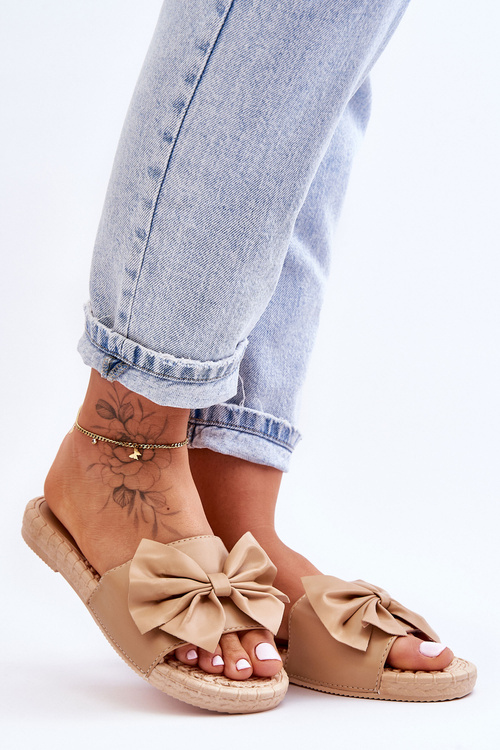 Modne Damskie Klapki Z Kokardą Beżowe Estera