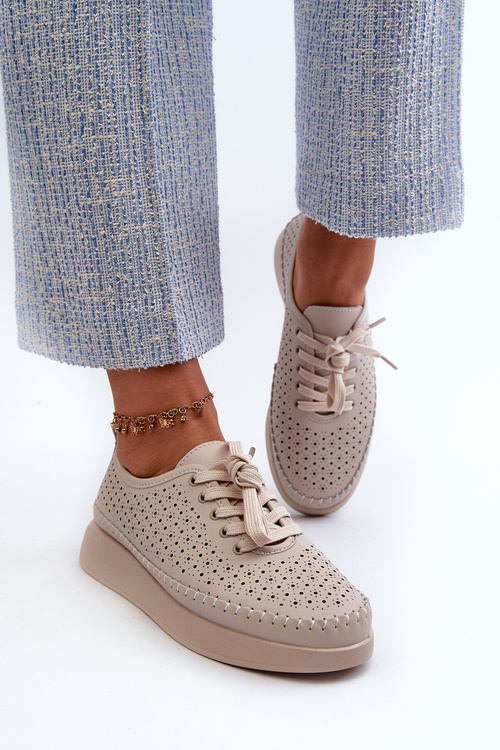 Skórzane Sneakersy Na Platformie S.Barski LR278 Beżowe