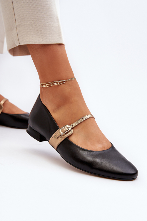 Skórzane Baleriny Damskie Na Płaskim Obcasie Laura Messi 2774 Czarne