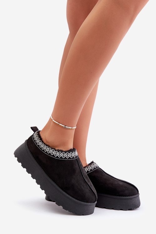 Kapcie Śniegowce Na Platformie Z Haftem Czarne Tamilda