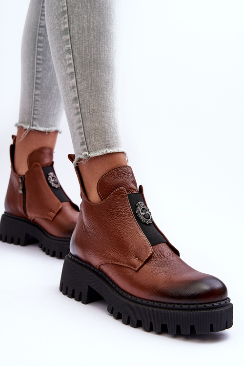 Damskie Skórzane Botki Z Ozdobą Brązowe Lemar Lusanna