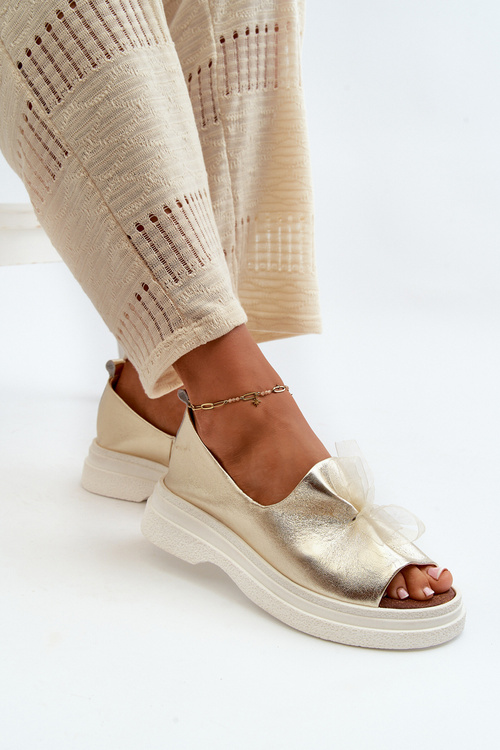 Zazoo 2939 Skórzane Sandały Damskie Z Kokardką Złote