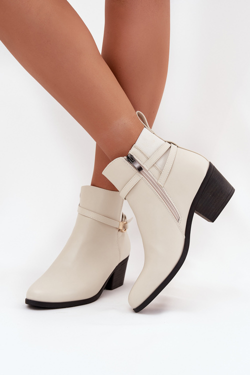Botki Damskie Na Zamek Z Paseczkiem I Złotym Detalem Jasnobeżowe Zelinae