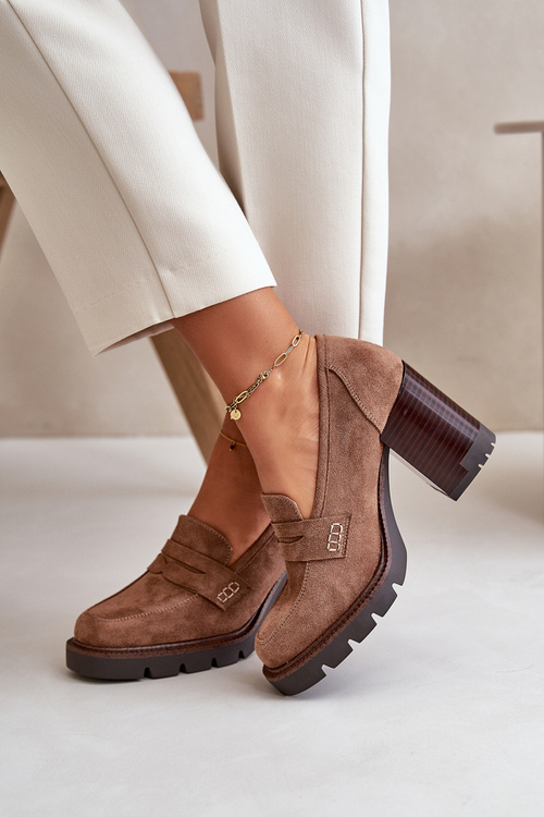 Półbuty Damskie Na Obcasie Słupku Z Eko Zamszu Brązowe Vinceza 58105