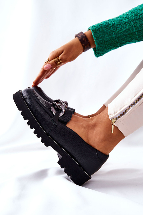 Damskie Półbuty Skórzane Loafery Czarne Sthonto