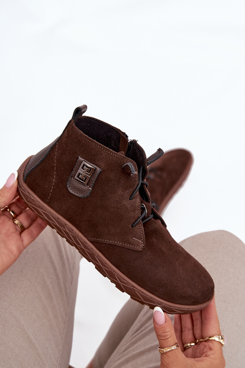 Zamszowe Półbuty Barefoot Damskie Z Ozdobnym Detalem Zazoo 30072 Czekoladowe