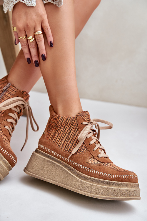 Skórzane Botki Na Platformie I Koturnie Maciejka 06759-29 Brązowe