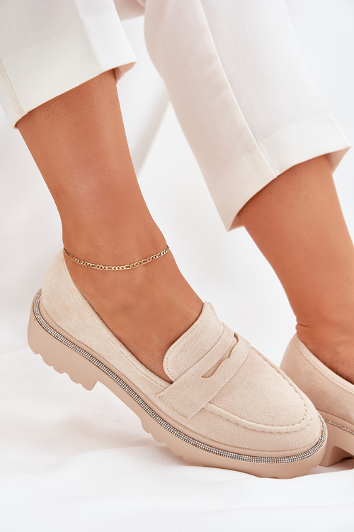 Mokasyny Damskie Eko Zamszowe Z Cyrkoniami Beżowe Wilamla