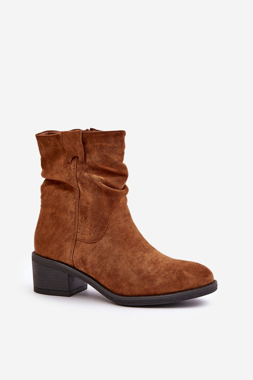 Ocieplane Botki Damskie Z Marszczoną Cholewką Na Niskim Obcasie Camel Zinanya