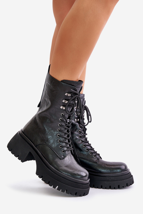 Skórzane Botki Workery Damskie Ocieplane GOE OO2N4121 Czarne