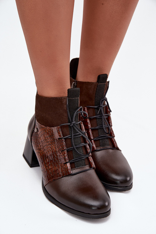 Zazoo 60503 Skórzane Botki Na Obcasie Ocieplane Czekoladowe