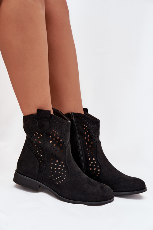 Ażurowe Botki Damskie Na Płaskim Obcasie Czarne Amisna