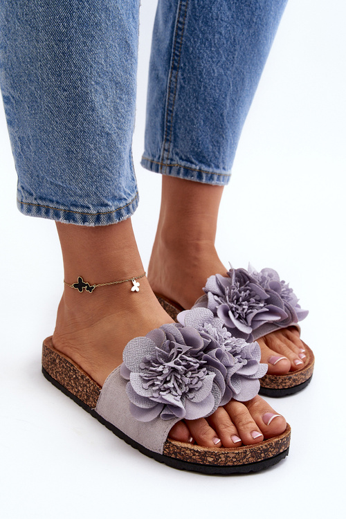 Damskie Klapki Z Kwiatami Szare Lulania