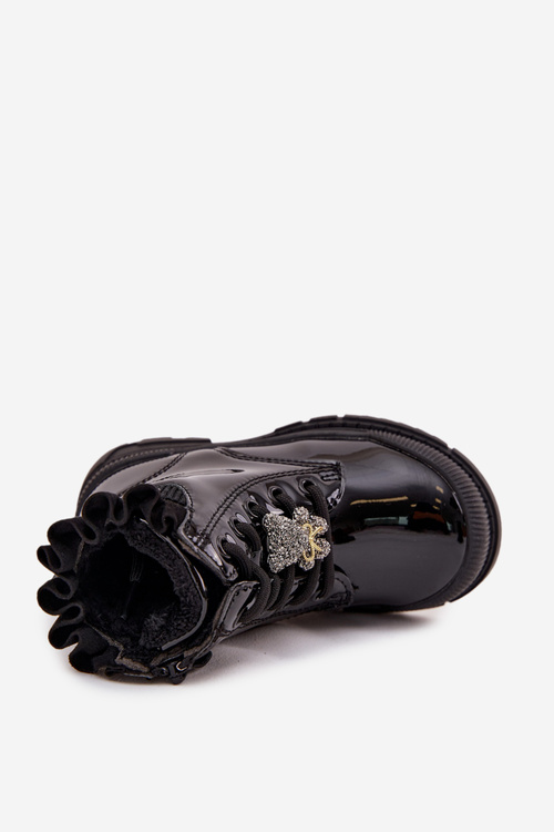 Lakierowane Botki Dziecięce Ocieplane Z Przypinką Miś Czarne Fionessa