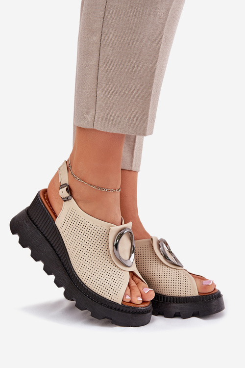 Skórzane Sandały Damskie Na Koturnie Z Ozdobą Artiker 56C0111 Beżowe