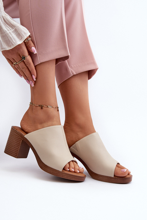 Eleganckie Lekkie Klapki Damskie Na Obcasie Beżowe Varnila