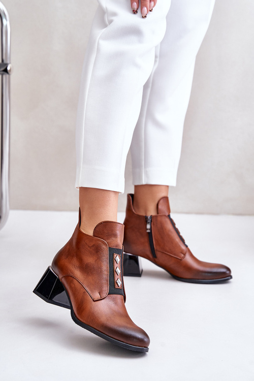 Zazoo 60504 Skórzane Botki Na Klocku Ocieplane Brązowe