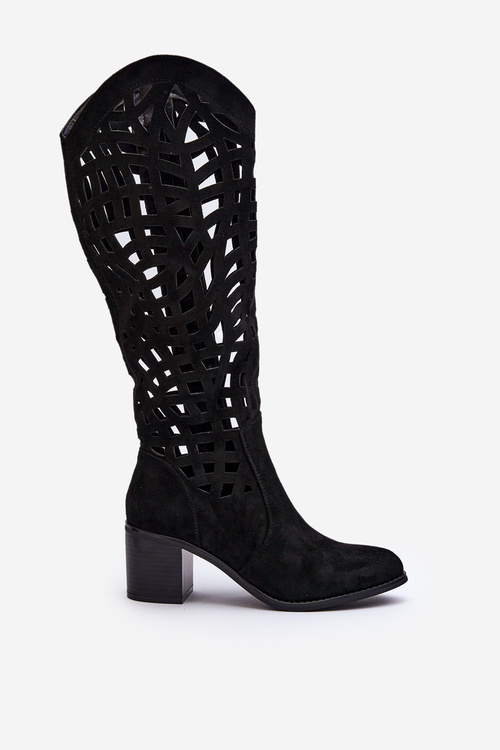 Ażurowe Kozaki Na Obcasie Czarne Pinkema