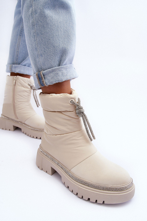 Zdobione Śniegowce Na Płaskim Obcasie Jasnobeżowe Plotia