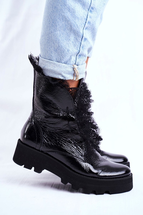 Damskie Botki Wysokie Lakierowane Skórzane Montegero