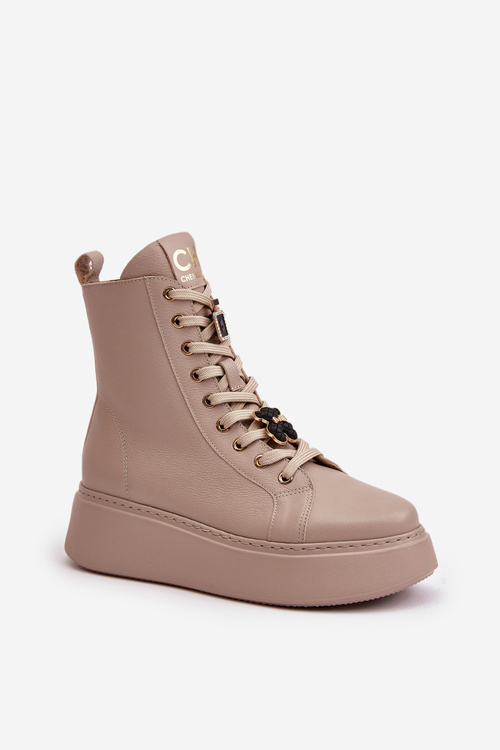 Damskie Skórzane Botki Workery Z Przypinkami Beżowe CheBello 4294