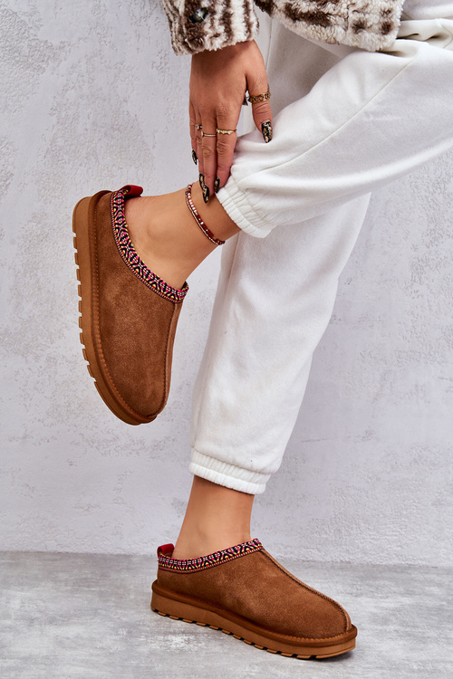 Zamszowe Damskie Papcie Z Futerkiem Camel Buffie