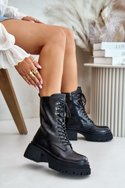 Skórzane Botki Workery Damskie Ocieplane GOE OO2N4121 Czarne