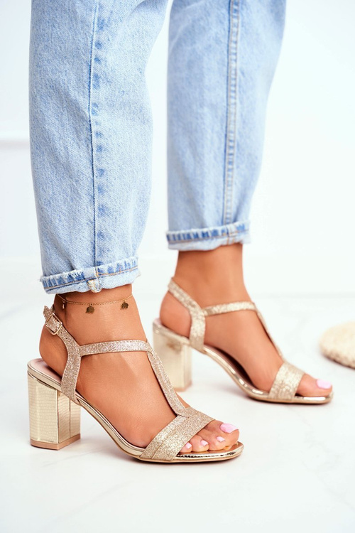 Sandały Damskie Na Słupku Brokatowe Złote Perfecto