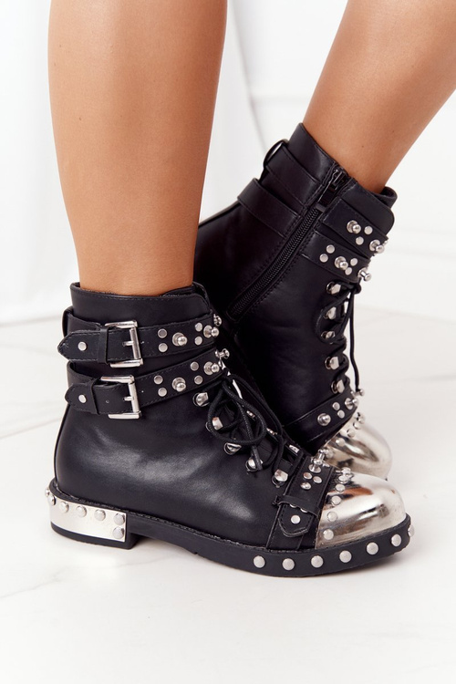 Damskie Ocieplane Botki Workery Z Dżetami Czarne Lu Boo