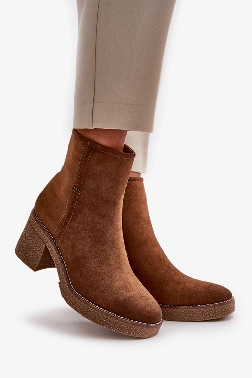 Botki Damskie Na Słupku Ocieplane Eko Zamszowe Khaki Arkesia