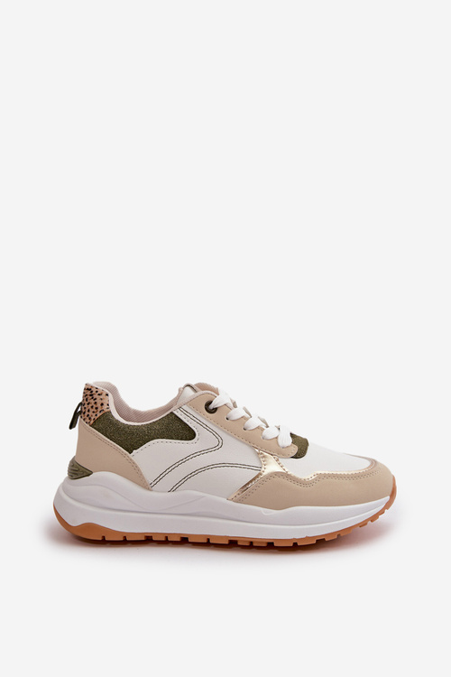 Sneakersy Damskie Na Platformie Z Eko Skóry Beżowo-Zielone Issatta