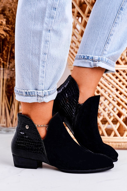 Damskie Skórzane Botki Maciejka Lakierowane Czarne Wzór Zwierzęcy 04091-72