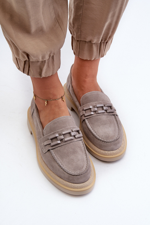 Mokasyny Damskie Zamszowe Na Płaskim Obcasie Z Ozdobą D&A TW101 Szare