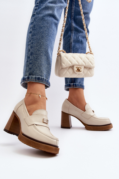 Zazoo 20169 Skórzane Półbuty Na Obcasie Beżowe