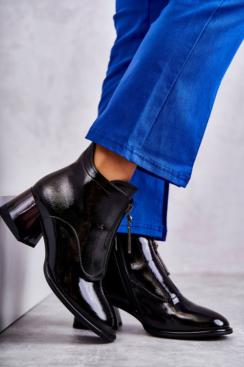 Damskie Lakierowane Botki Z Suwakami Czarne Cristel