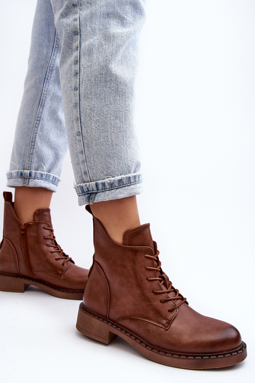 Klasyczne Damskie Botki Na Płaskim Obcasie Brązowe Ballisa