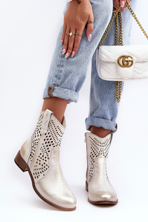 Zazoo 3305/2 Damskie Skórzane Ażurowe Botki Kowbojki Złote