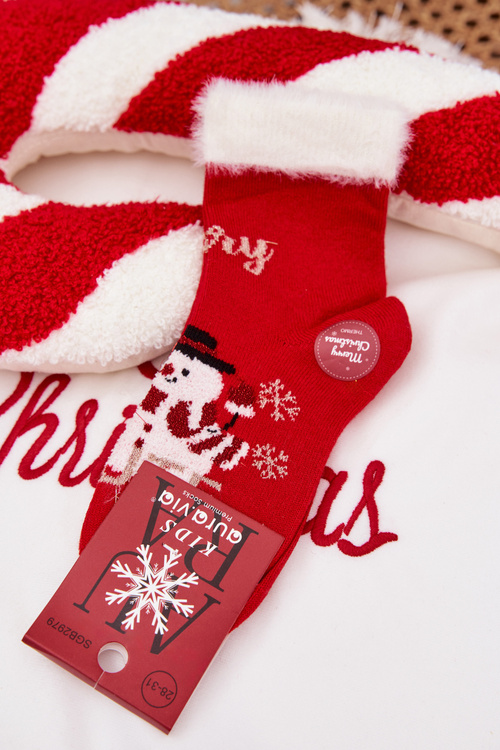 Skarpetki Świąteczne Dziecięce Z Futerkiem I Bałwanem Wełna Alpaka Czerwone