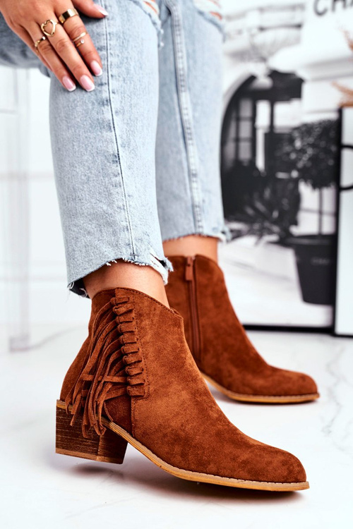 Botki Damskie Na Słupku Z Frędzlami Kowbojki Camel Mirage