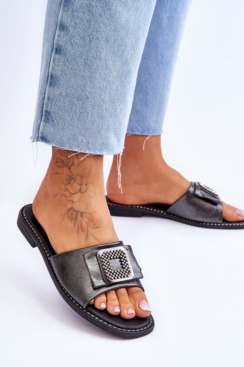 Damskie Skórzane Klapki Z Dżetami S.Barski KV-2775-33 Ciemnosrebrne