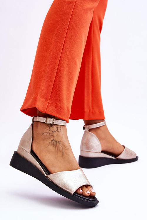 Damskie Klasyczne Skórzane Sandały Na Koturnie Złote Truett