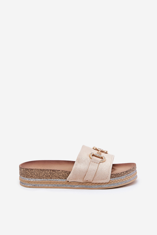 Klapki Damskie Na Platformie Ze Złotą Ozdobą I Brokatem Beżowe Morisela