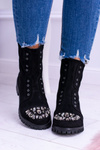 Lu Boo | Czarne Damskie Botki Za Kostkę Cyrkonie Zamsz Carrie