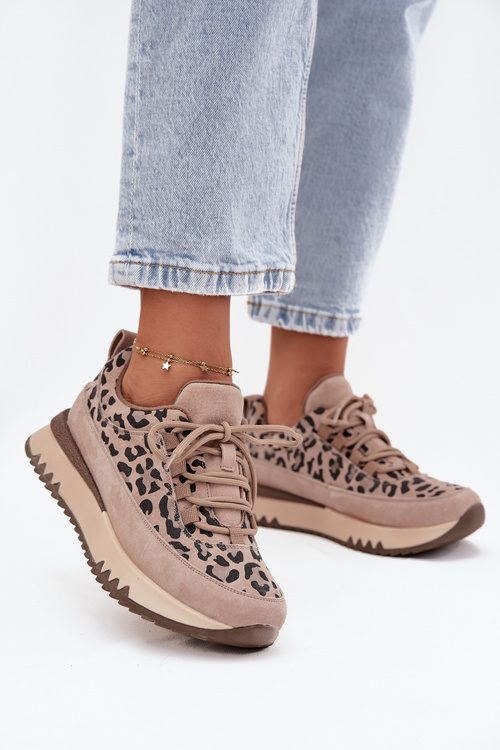 Zamszowe Ocieplane Sneakersy Damskie Na Platformie Vinceza 66836 Panterka Beżowe