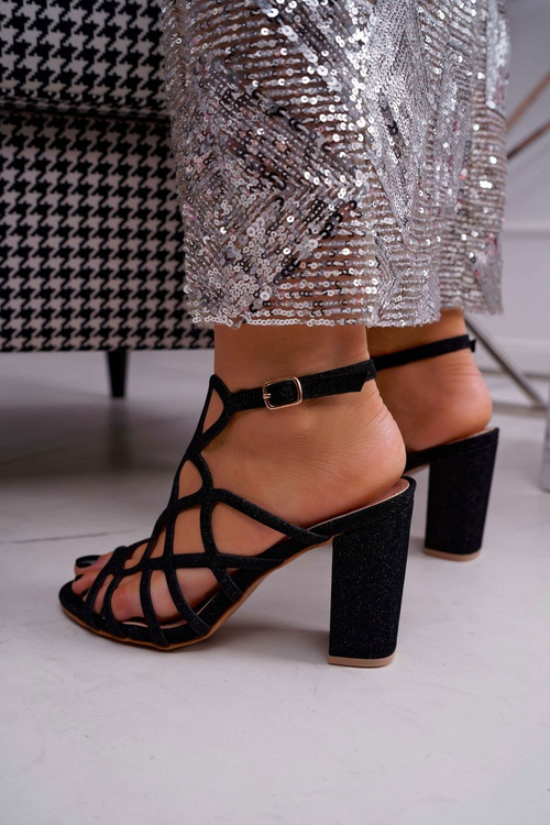 Sandały Damskie Na Słupku Brokatowe Czarne Gete